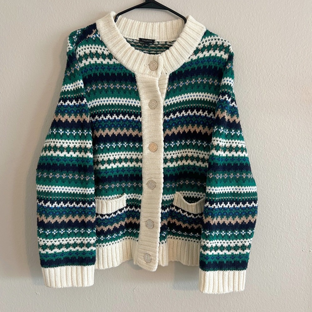 Talbots Metallic Mockneck Sweater‎ Jacket Green Cadet Fair Isle Preppy L